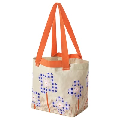 ÅBORDSÖN tote bag, orange handles, beige with blue/pink floral print, rectangular, recycled polypropylene.
