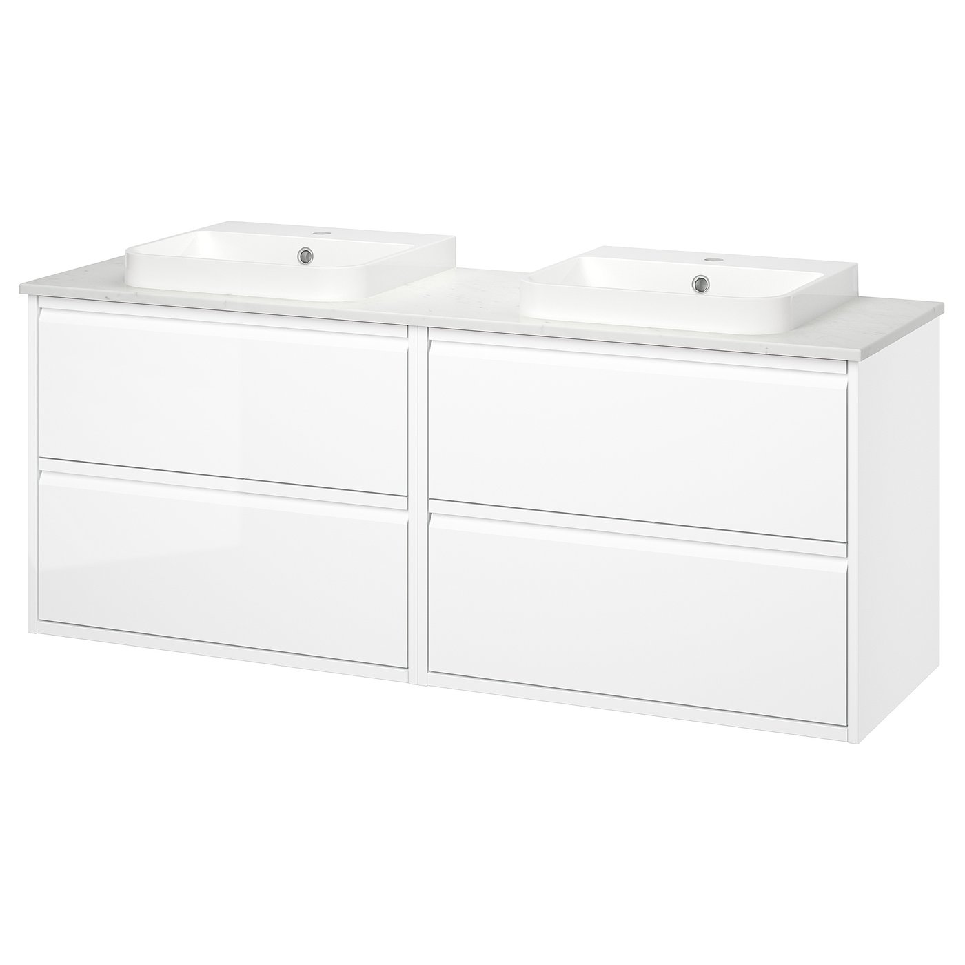 ÄNGSJÖN white bathroom vanity: 2 sinks, glossy, rectangular drawers, marble countertop.