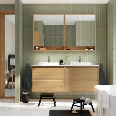 ÄNGSJÖN / BACKSJÖN Wash-stand/wash-basins, oak effect/white marble effect, 162x49x71 cm