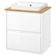 A white ÄNGSJÖN washstand with a bamboo countertop and a square ceramic basin. Modern, minimalist design.