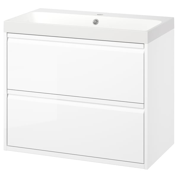 Modern white bathroom cabinet with two drawers and a square sink, sleek and minimalist design.