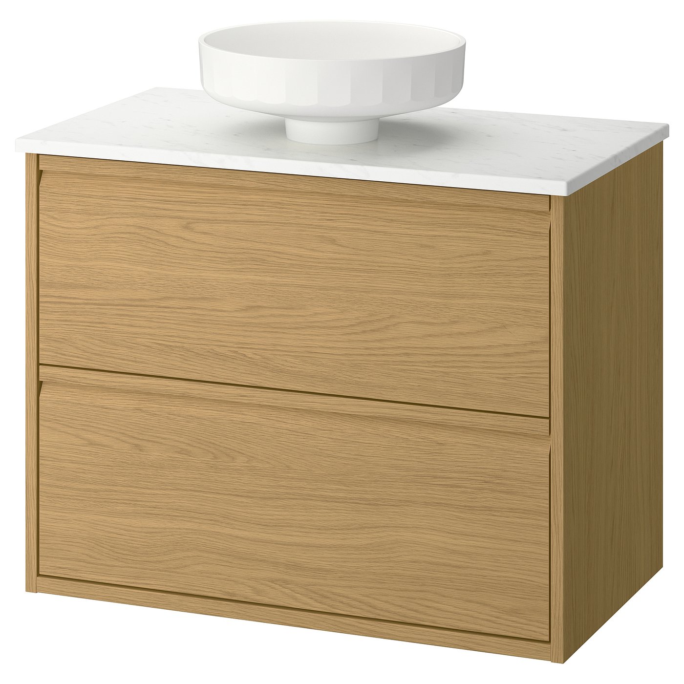 IKEA ÄNGSJÖN: modern light oak vanity with marble countertop, round bowl sink, wall-mount, minimalist handles.