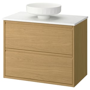 IKEA ÄNGSJÖN: modern light oak vanity with marble countertop, round bowl sink, wall-mount, minimalist handles.