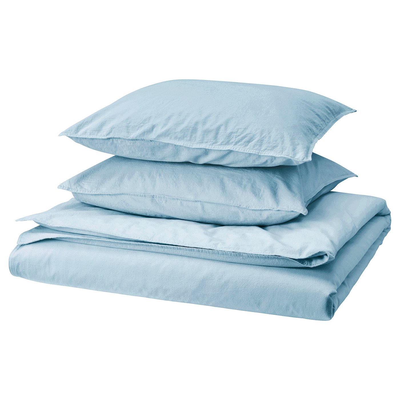 Sky blue bedding set: two pillows, flat sheet, and duvet cover. Soft, pre-washed cotton, rectangles with envelope closures.