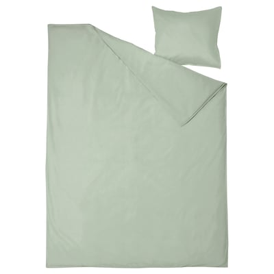 Soft sage green bedding set, includes single duvet cover and pillowcase, made of 100% pre-washed cotton, solid colour.