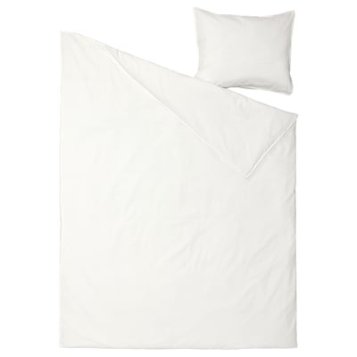 White ÄNGSLILJA duvet set featuring a bedding cover and pillowcase with a simple, minimalist design. Made of soft, 100% cotton.