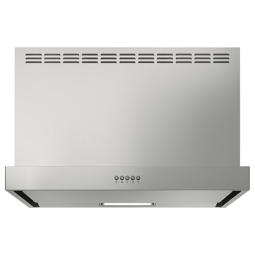 Stainless steel kitchen hood with front control panel. Modern, sleek rectangular design.