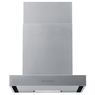 A modern stainless steel range hood with a sleek design and led lights.