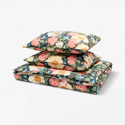 ARENBOK Duvet cover and 2 pillowcases, dark blue/floral pattern, 200x200/50x60 cm