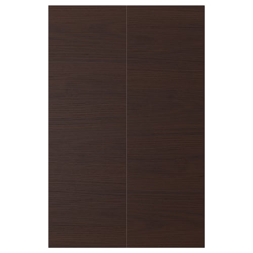 Dark brown wood-patterned cabinet doors with sleek, rectangular design.