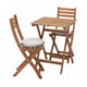 Wooden outdoor dining set with light grey cushions. Contains folding table and two chairs in natural finish. Ideal for small outdoor spaces.