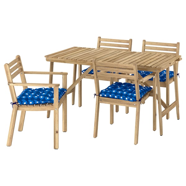ASKHOLMEN Table+4 chairs w armrests, outdoor, acacia/Klösan dark blue, 143x75 cm