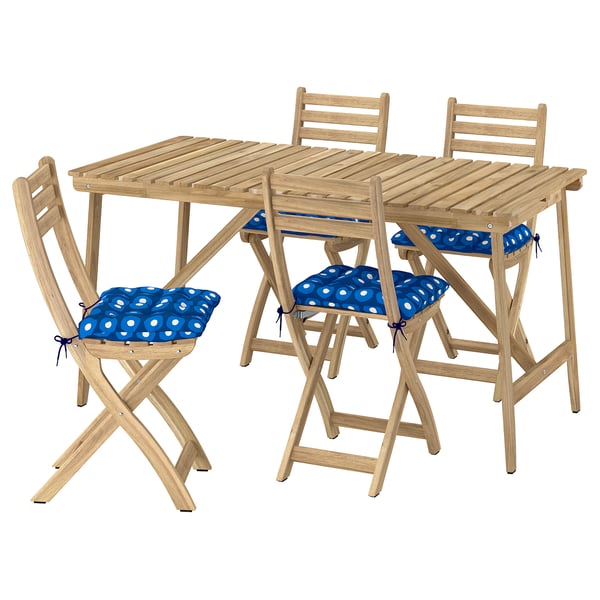 ASKHOLMEN Table+4 folding chairs, outdoor, acacia/Klösan dark blue, 143x75 cm