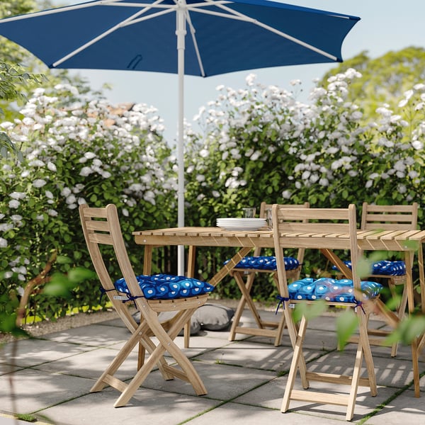 ASKHOLMEN Table+4 folding chairs, outdoor, acacia/Klösan dark blue, 143x75 cm