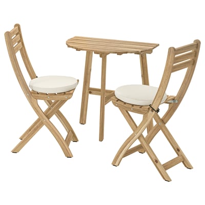 ASKHOLMEN Table f wall+2 fold chairs, outdoor, acacia/Frösön/Duvholmen beige, 70x44 cm