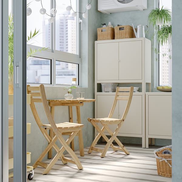 ASKHOLMEN Table f wall+2 fold chairs, outdoor, acacia, 70x44 cm