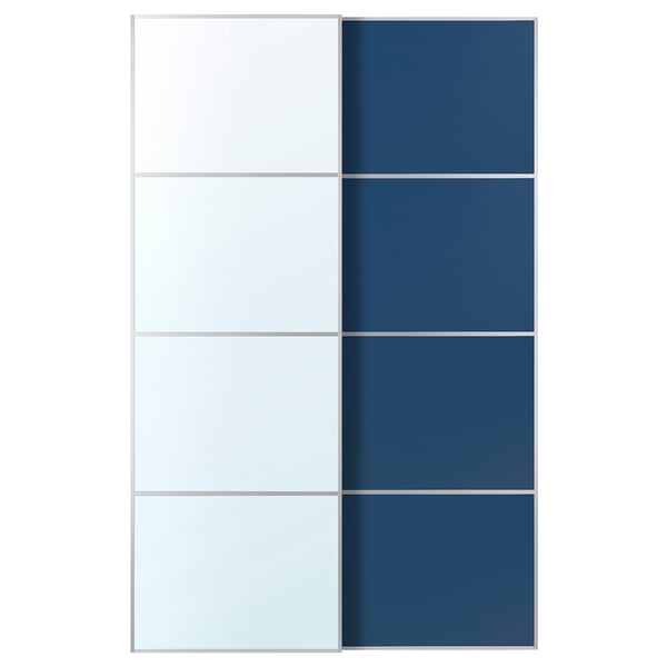 AULI / MEHAMN Pair of sliding doors, aluminium mirror glass/double sided blue, 150x236 cm