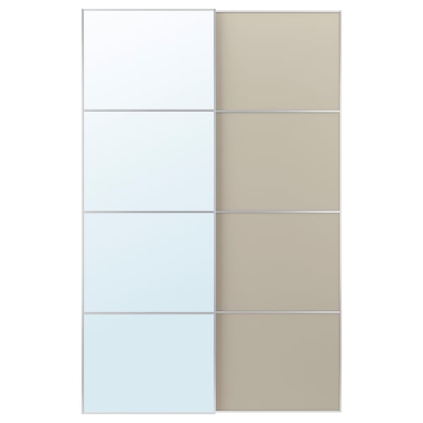 Mirrored & wood-tone sliding closet doors, 4-panel design with soft-close mechanism.