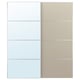 AULI sliding doors. One door is mirrored, the other has beige and white panels. Rectangular shape with modern design.