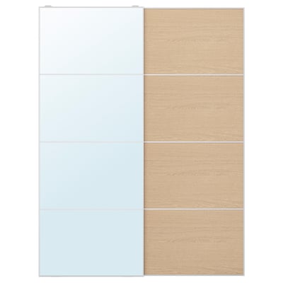 AULI / MEHAMN Pair of sliding doors, aluminium mirror glass/double sided white stained oak effect, 150x201 cm