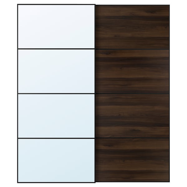 AULI / MEHAMN Pair of sliding doors, black mirror glass/double sided dark brown oak effect, 200x236 cm
