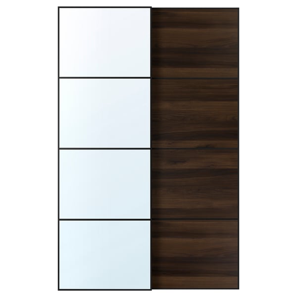 AULI / MEHAMN Pair of sliding doors, black mirror glass/double sided dark brown oak effect, 150x236 cm