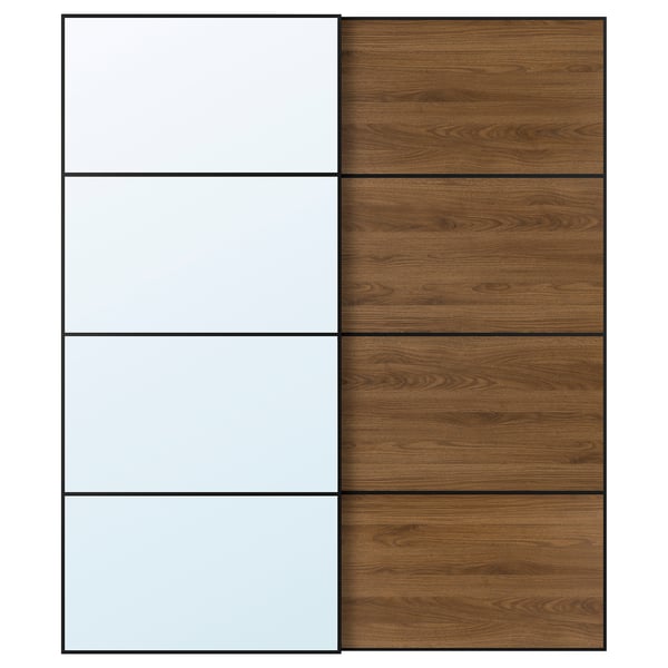 AULI / MEHAMN Pair of sliding doors, black mirror glass/double sided walnut, 200x236 cm