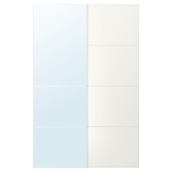 AULI sliding door pair, white. One mirrored, others with dual-textured panels. Frames are aluminium, glass and fiberboard.