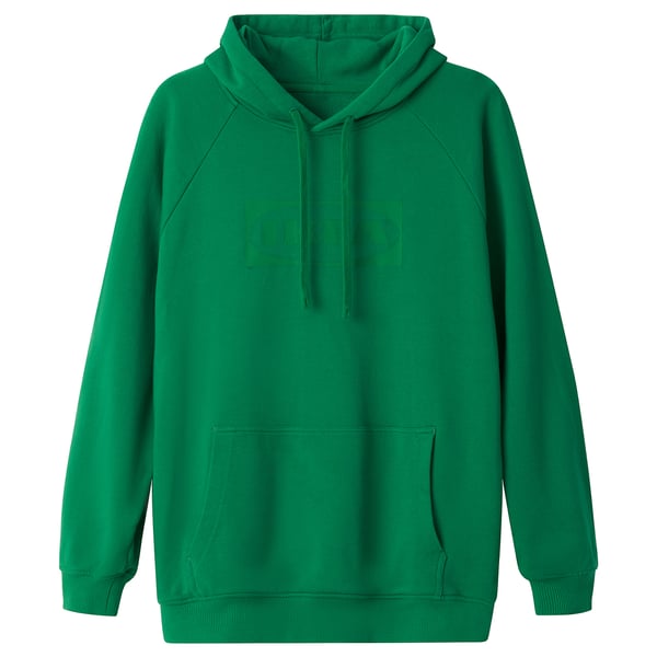 Bright green hoodie with drawstring and kangaroo pocket, plain with simple design, made of soft cotton.