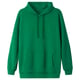 Bright green hoodie with drawstring and kangaroo pocket, plain with simple design, made of soft cotton.