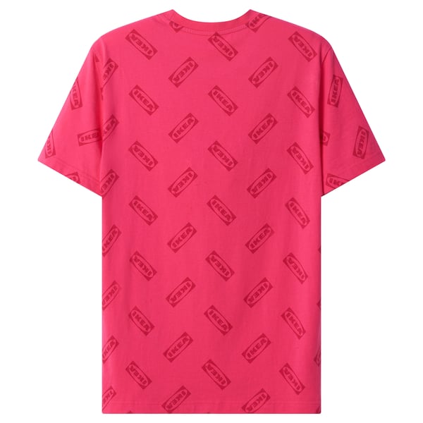 Bright pink IKEA-branded t-shirt with repeated logos. Soft cotton, casual fit.