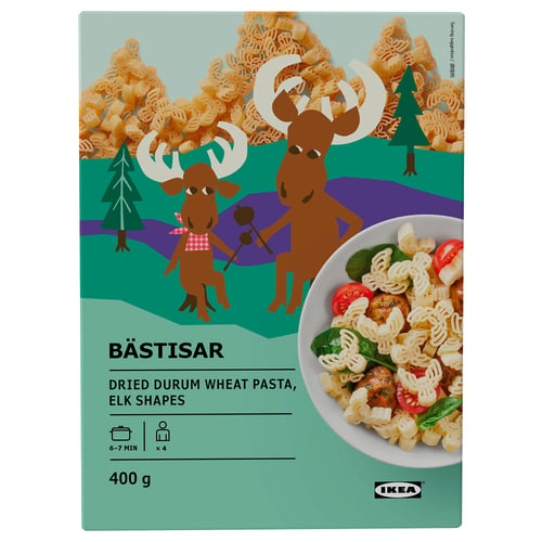 IKEA BÄSTISAR: elk-shaped pasta box, 400g, with cooking instructions and picture of pasta salad.