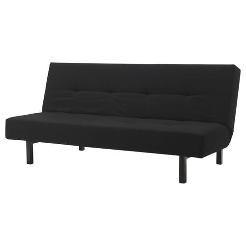 Black BALKARP convertible sofa with adjustable back, polyester fabric, modern design, and dark wooden legs.