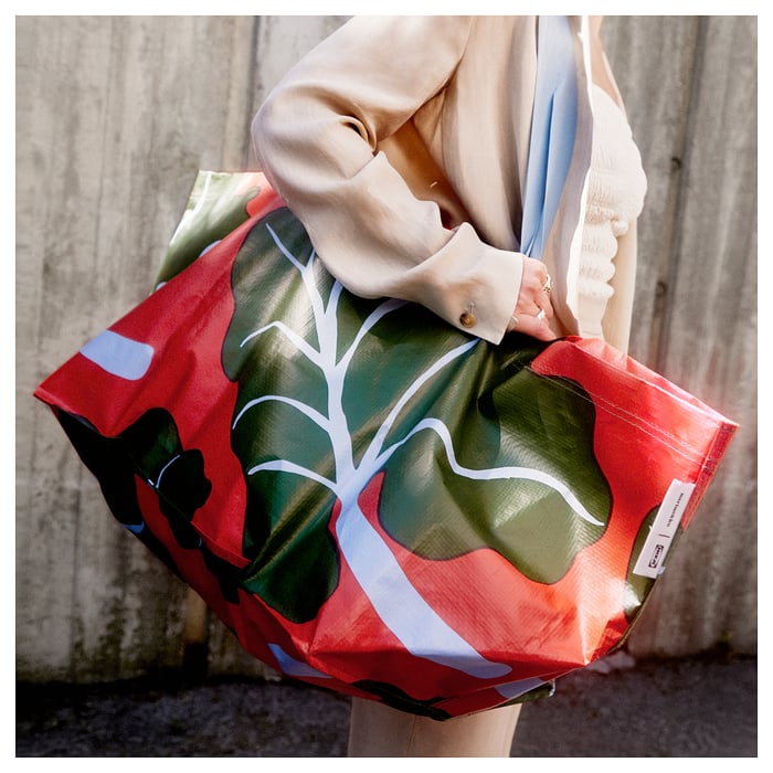 BASTUA carrier bag, large, leaf pattern orange/green, 55x37x35 cm/71 l