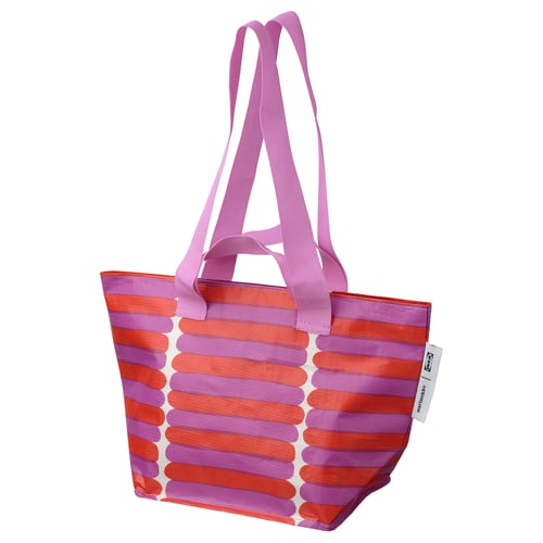 BASTUA tote bag: pink & orange stripes, long handles, shiny material, rectangular shape, vibrant design.