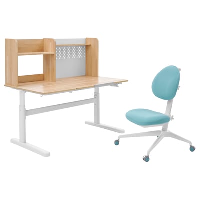 BERGLÄRKA / DAGNAR Children's desk and chair, solid birch/turquoise, 120x70 cm