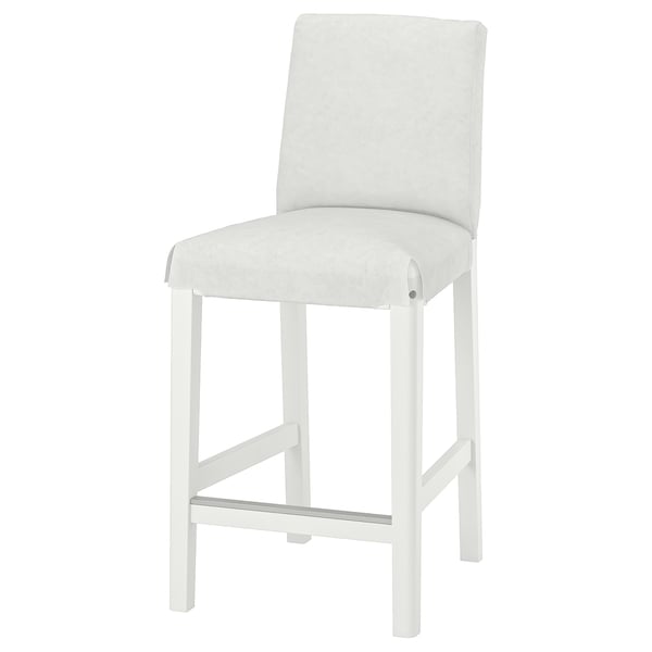 A white BERGMUND barstool with a cushioned seat and backrest. The stool has a modern design with a sturdy metal frame, offering comfort and support.