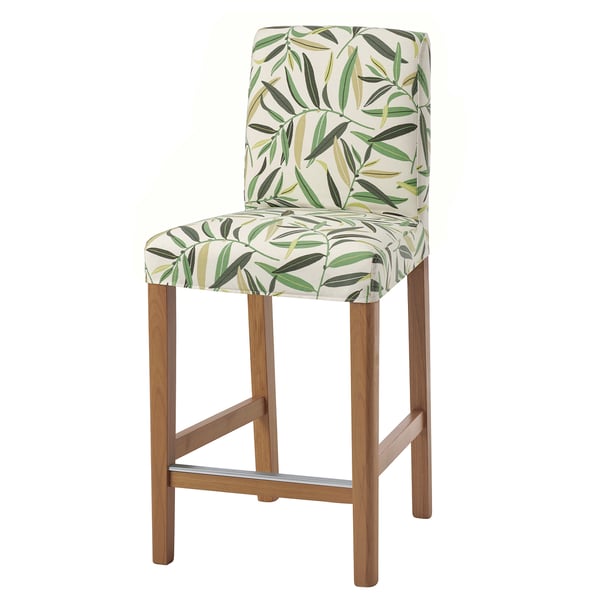 BERGMUND Bar stool with backrest, oak effect/Fågelfors multicolour, 62 cm