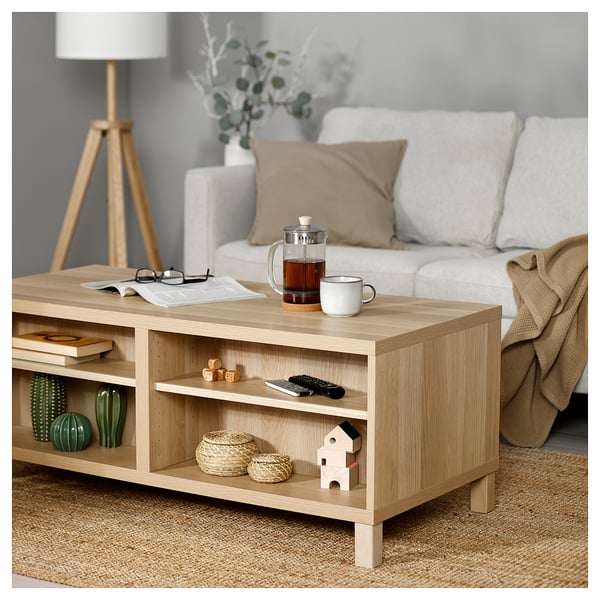BESTÅ Coffee table with doors, white stained oak effect/Lappviken/Stubbarp white stained oak effect, 120x58 cm
