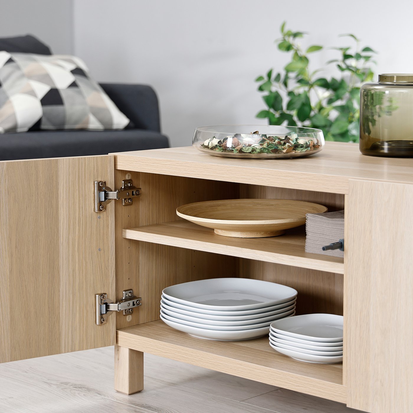 BESTÅ coffee table with doors, white stained oak effect/Lappviken