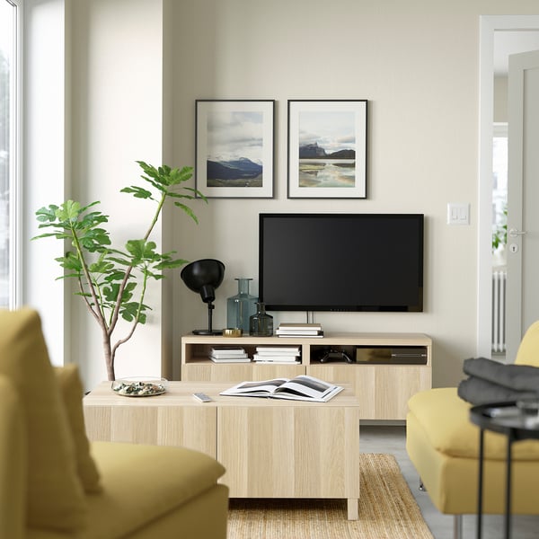 BESTÅ Coffee table with doors, white stained oak effect/Lappviken/Stubbarp white stained oak effect, 120x58 cm