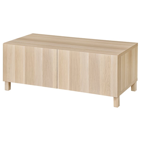 BESTÅ Coffee table with doors, white stained oak effect/Lappviken/Stubbarp white stained oak effect, 120x58 cm