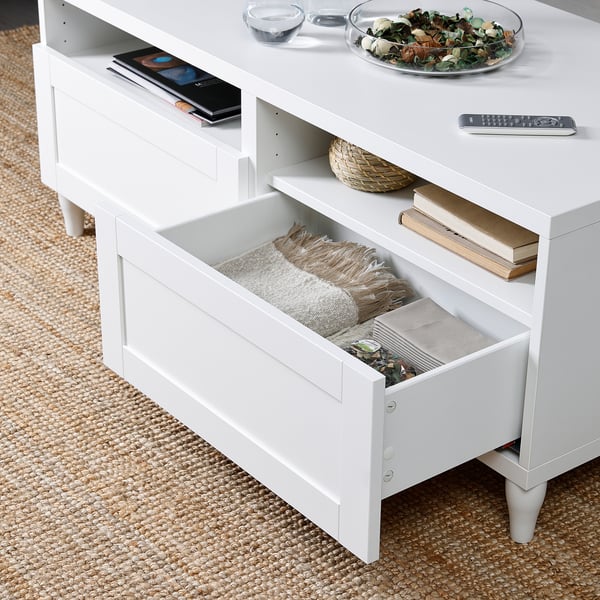 BESTÅ Coffee table with drawers, white/Hanviken/Kabbarp white, 120x58 cm
