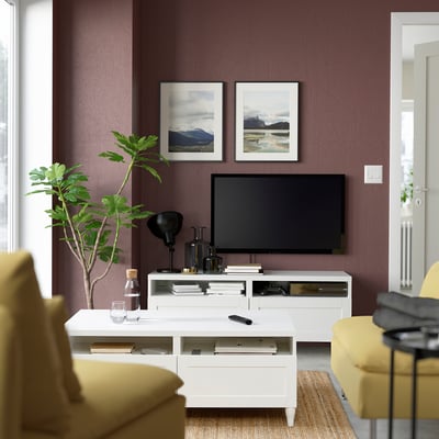 BESTÅ Coffee table with drawers, white/Hanviken/Kabbarp white, 120x58 cm