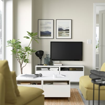 BESTÅ Coffee table with drawers, white/Selsviken/Ösarp high-gloss/white, 120x58 cm