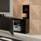 BESTÅ Media storage combination, black-brown Lappviken/Hedeviken oak, 300x42x114 cm