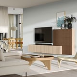 BESTÅ Media storage combination, white stained oak effect Lappviken/Björköviken brown, 300x42x114 cm