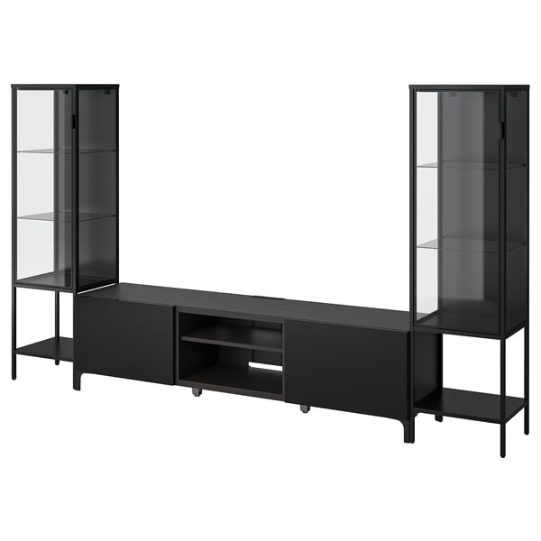 BESTÅ / RUDSTA TV/storage combination, black-brown/clear glass, 264x42x155 cm
