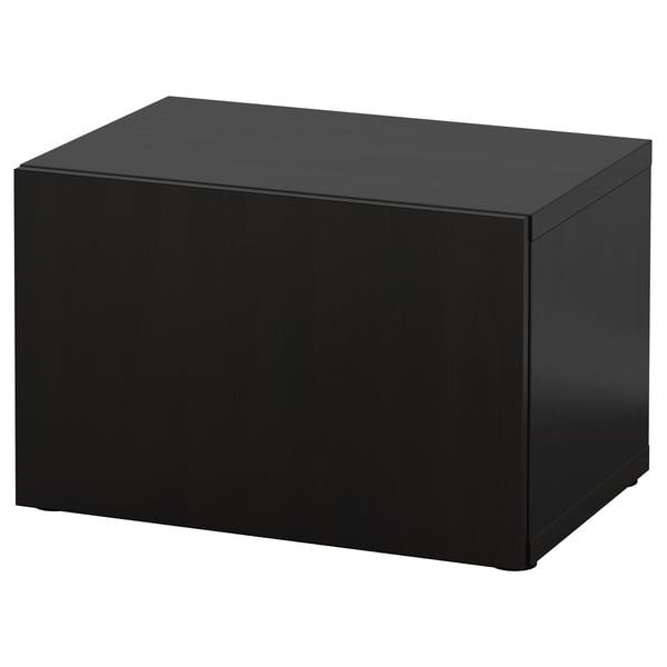 Black rectangular storage unit, sleek & modern, wood & fiberboard, clean lines, minimalist design.