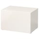 A white BESTÅ storage unit. Its a rectangular, modern design with a smooth finish. The unit is simple and sleek, designed for storage.